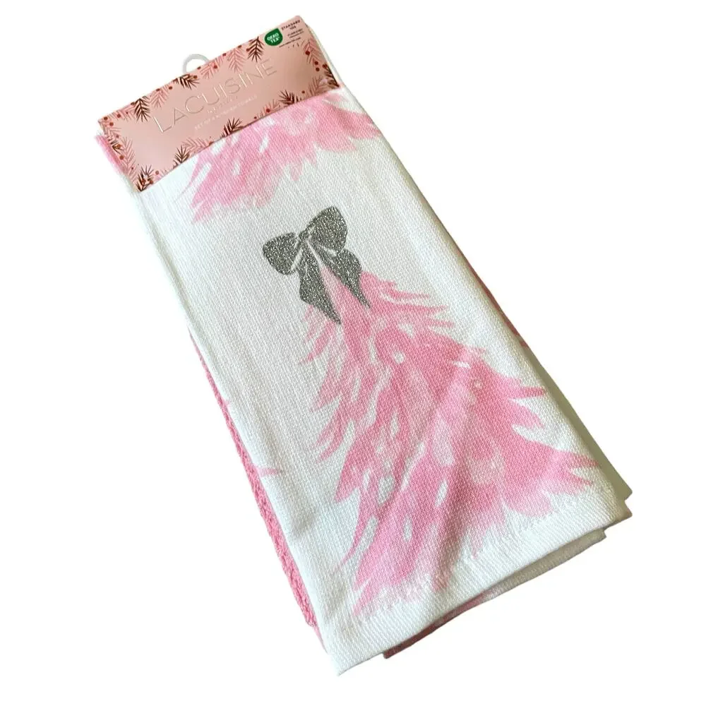 Pink Christmas Tree Kitchen Towels w/ Silver Glitter Bow Set of 4 Holiday GLA6